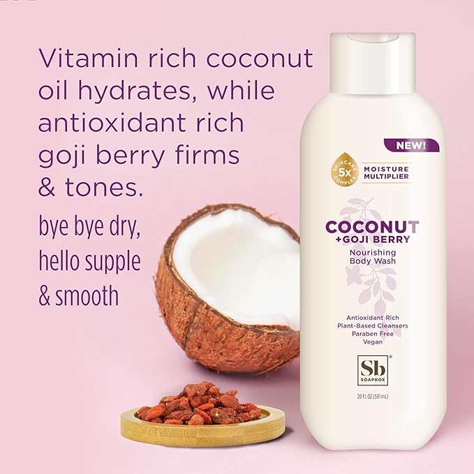 Soapbox Body Wash, Coconut & Goji Berry Liquid Body Wash, Moisturizing Soap with Shea Butter, Vegan Duo Pack of 2 Soap Bottles, 20oz Each