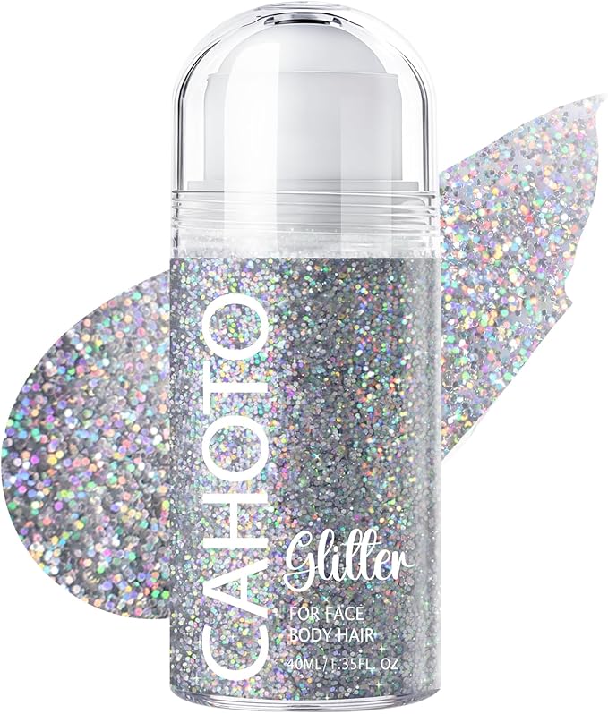Silver Rolling Glitter for Face Body & Hair, Sparkling Holographic Chunky Shimmer, Roll-on Sequins for Singer Concert Rave Festival Halloween Party Carnival, 1.35fl.oz