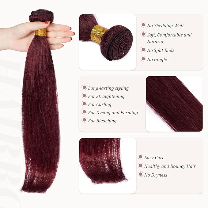 Hairro Sew in Hair Extensions Real Human Hair, 100g/bundle Weave Weft for Women Adding Volume and Length, for DIY Beauty Dating Party, 16 Inch One Bundle Straight #99J Wine Red