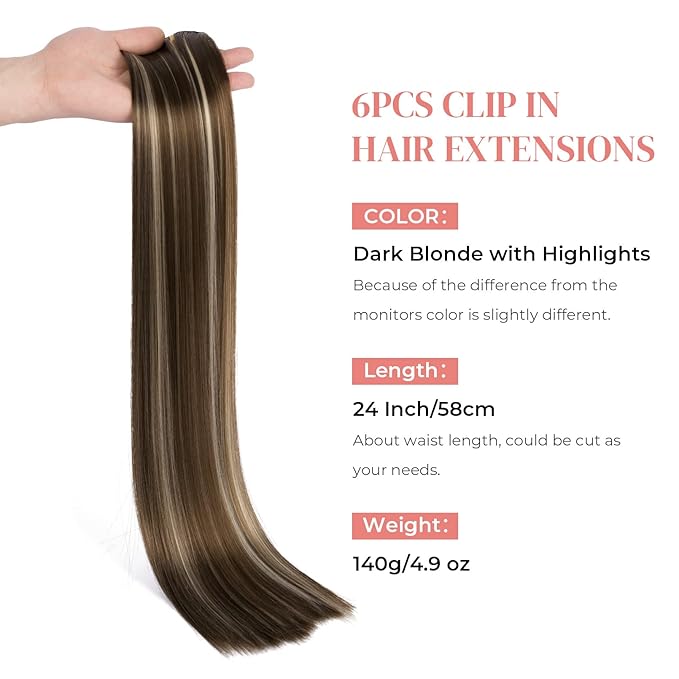 LONAI Clip In Hair Extensions, 6PCS Straight 24" Long Synthetic Clip On Hairpiece For Women
