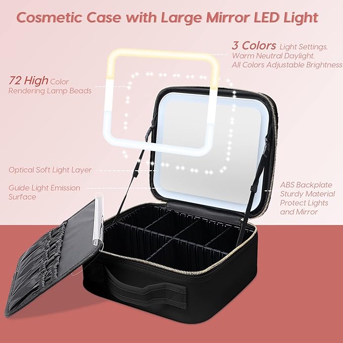 Gdsshuhung Makeup Bag with Mirror | Partitionable Professional Makeup Organizer | Large Travel Makeup Bag for Women | Cosmetic Case for Daily & On-the-Go Use (Black)