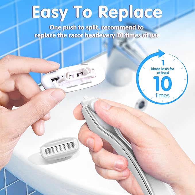 Razors for Women Include 1 Non-Slip Metal Handle and 7 Blade Refills, 5 Premium Blades Women's Razors for Shaving with 360° Lubrication Reduces Irritation, Silver