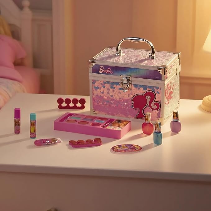 Barbie Train Case Beauty Set, Kids Makeup Kit for Girls, Real Washable Makeup Set, Play Makeup, Party Favor, Birthday, Ages 3 4 5 6 7 8 9 10 11 12 by Townley Girl