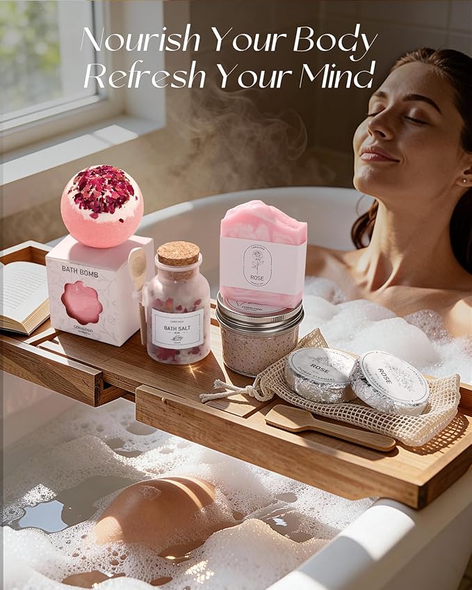 Coralogo Rose Spa Gifts for Women - 12pc Self-care Spa Gift Basket with Scented Candle, Bath Salt, Greeting Card - Thinking of You Basket for Her Birthday, Christmas, Mother's Day, Valentine's Day