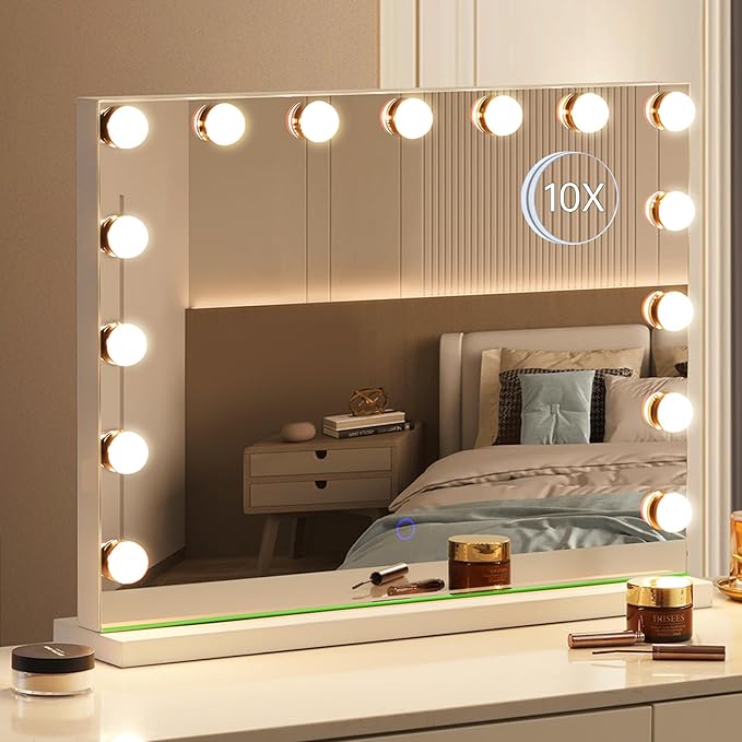 Hollywood Vanity Mirror with Lights, 23"x18" Lighted Makeup Mirror with 10x Magnification for Desk/Wall Mount, 15 Led Bulbs, 3 Lighting Modes for College Dorm, Bedroom, Dressing Room (White)