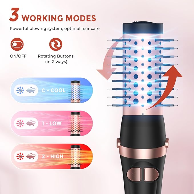 Rotating Hair Dryer Brush 2 in 1 Thermal Blow Brush Set with Auto Rotating 360° Fast Drying Multi-Temperature Settings Detachable Design Heated Hot Air Brush for Curling Volumizing Drying Hair (Black)