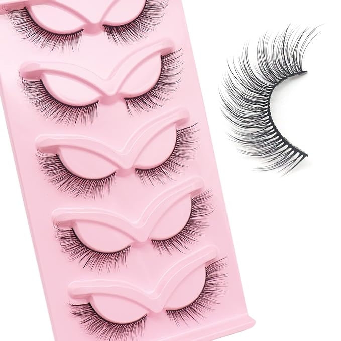 Veleasha Fox Eye Lashes L Curl Fluffy False Eyelashes 5 Pairs Pack Cat Eye Lashes Wispy & Lightweight Fake Eyelashes for Doll Eye Makeup (Foxy 05)