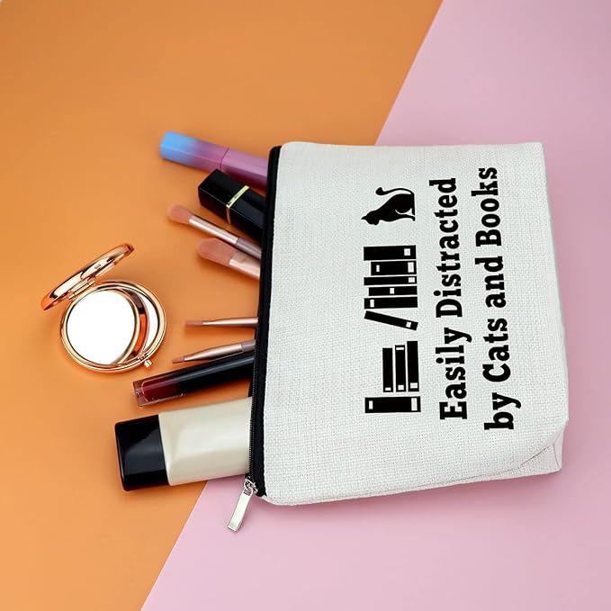 Cat Lover Gifts Book Lover Gift for Women Makeup Bag Cat Mom Gift Cat Bookworm Themed Cosmetic Bag Birthday Gift for Girls Library Worker Gift Valentines Day Graduation Gift Travel Cosmetic Pouch