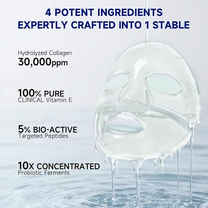Dr Vincent Deep Hydrating Overnight Collagen Hydrogel Mask, Bio-Collagen Facial Mask for Pore-Refining Appearance & Skin Suppleness, Face Sheet Mask with Ferment Extract, Vitamin E & Peptides, 37gx5ea
