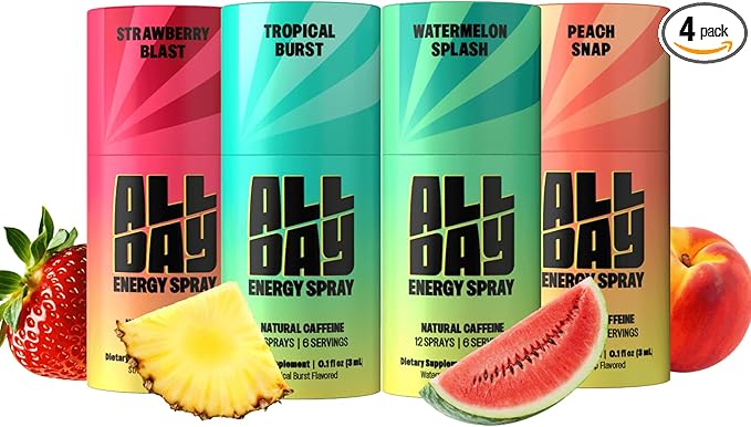 ALLDAY Caffeine Spray, Promotes Focus and Energy (Variety Pack, 4 Bottles, 48 Sprays) | 32mg Natural Caffeine per Spray | Pocket-Size Energy Shot with L-Theanine, Vitamin B12, & Vitamin D