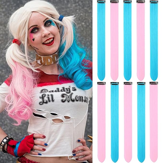 22 Inch Colored Hair Extensions 10 PCS, Colorful Party Highlights Clip in Synthetic Hair Extensions, Sky Blue/Light Pink Hairpieces for Women Party Cosplay Gifts