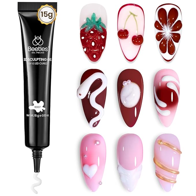 Beetles White Sculpting Gel for 3D Nail Art – Valentine's Day No Wipe 3D Rhinestone for Flowers Petals Ribbon & Relief Designs, Beginner Friendly UV/LED Nail Gel