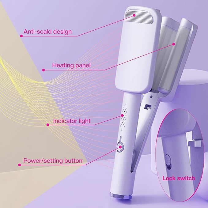 Waver Curling Iron Hair Crimper 1.25 Inch Crimper Hairs Tool with Ceramic 3 Barrel Ionic Deep Hair Waver for Women Hairs Curler for Long & Short, Easy to Use, Dual Voltage, Anti-Scald (Purple)
