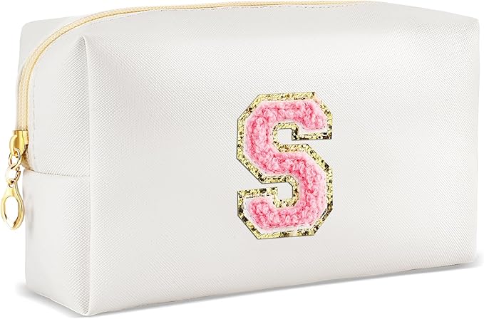 URSKYTOUS Initial Makeup Bag Personalized Preppy Travel Small Cosmetic Bag Cute PU White Chenille Letter Makeup Pouch for Purse Waterproof Zippered Toiletry Organizer for Women Girls Kids Friends (S)