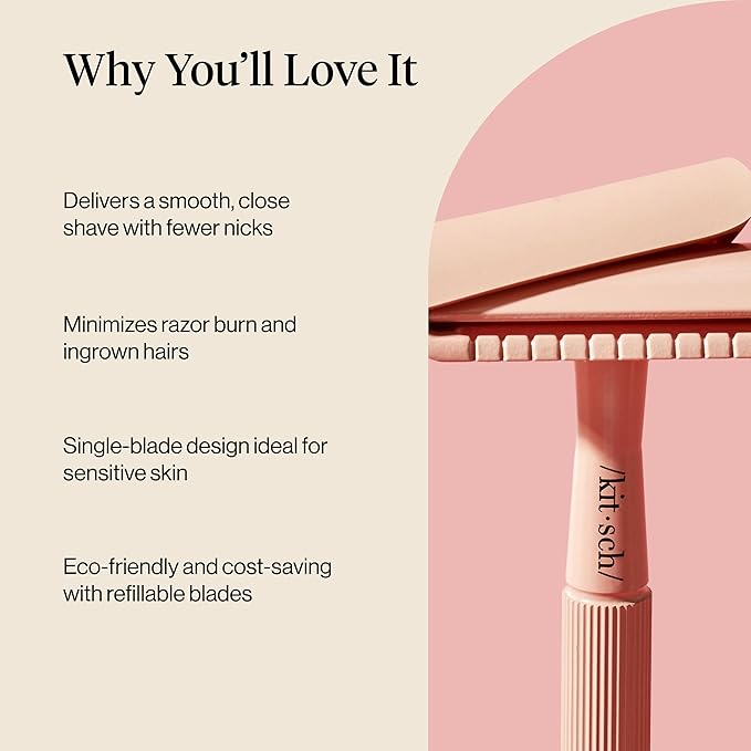 Kitsch Double Edge Safety Razors for Women and Men, Long Metal Handle and Stainless Steel Single Blade Razor with 5 Double Edge Refills, for Shaving and Travel Essentials - Terracotta
