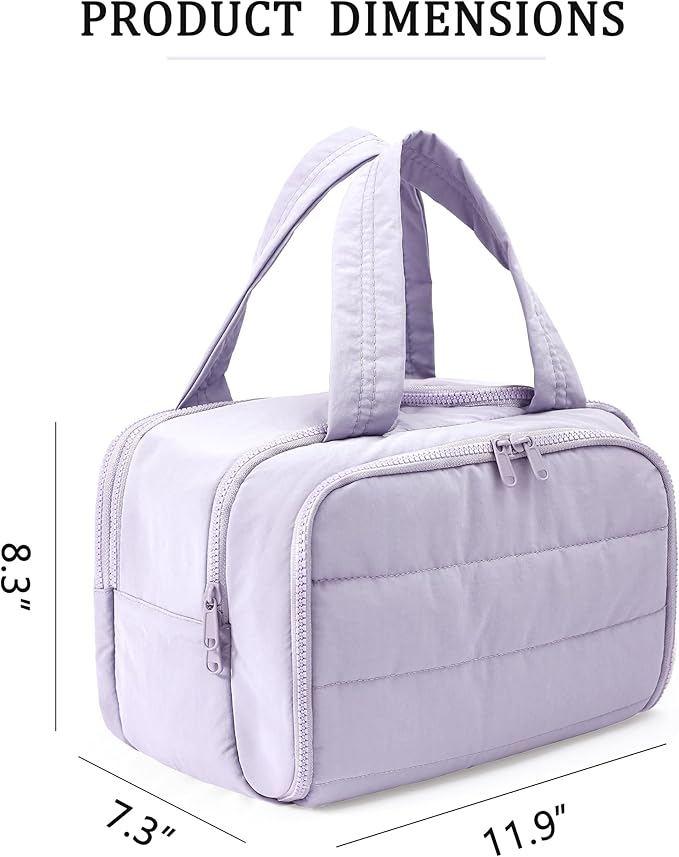 BUZFOWU Travel Toiletry Bag for Women, Large Wide-open Puffy Cosmetic Makeup Bag with Wet-Dry Separation, Multi-Pocket Organizer with Carry Handle for Toiletries, Cosmetics, Essentials, Light Purple