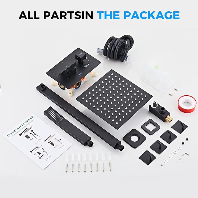 10" Matte Black Rainfall Shower Faucet Set with Rain Shower Head & Handle Set, Wall-Mounted Shower System, Full Metal Trim, Includes Shower Valve Complete Shower Kit