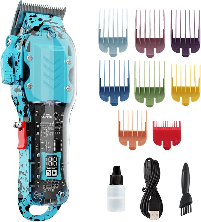 Professional Hair Clippers for Men, Cordless Barber kit for Hair Cutting & Grooming, Hair Clippers Set for Barber Haircut with LED Display 8 Fade Taper Combs(Blue)