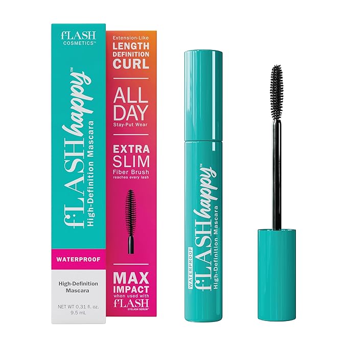 fLASH Happy High-Definition Mascara with Ultra-slim Brush for Length, Volume, Curl - All Day Wear, Clean Vegan Formula, Paraben-free (True Black)