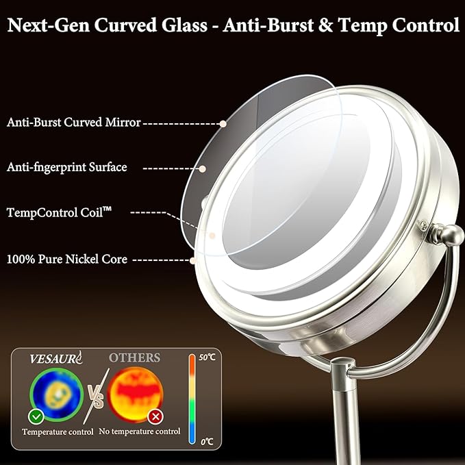 VESAUR 2026 Upgraded 9" Lighted Makeup Mirror, 5000mAh Rechargeable 1X/10X/20X HD Magnifying Mirror with 3 Lights Colors, Brightness Adjustable, 360° Rotation Seamless Vanity Mirror, Nickel, Gift Box
