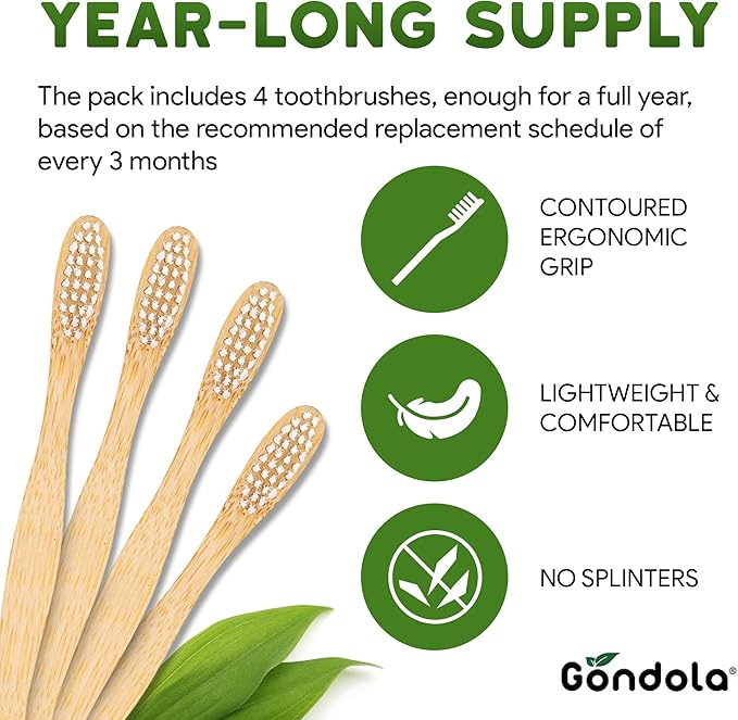 Gondola Organic Bamboo Toothbrushes Adults - 4 Pack - Soft Bristles for Sensitive Gums - Bamboo Toothbrush for Adults - Gentle Cleaning - Wellness Essentials Manual Toothbrush for Home & Travel