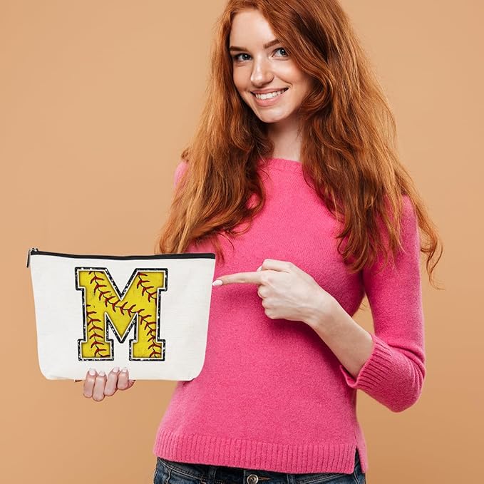 CQM Softball Gifts Initial Makeup Bag Monogrammed Cosmetic Bag Letter M Zipper Pouch Softball Accessories for Girls Women Player Coaches Friend Graduation Birthday Gifts