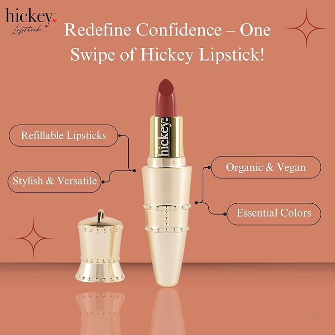 Hickey Lipstick Set, Haute Mess (Terracotta), Refillable Silver Case with Chain, Satin Pouch & Ribbon (Wearable Necklace), Long Lasting Hydrating Velvet Finish Lipstick for Women - Vegan & Gluten-Free