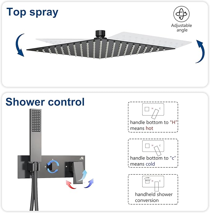 Qeke Integrated Shower Niche with Shower Head and Hand Shower, Stainless Steel Shower Tower System with Led Lights, 2-Tiers No Tile Needed Shower Niche for Bathroom in Gunmetal Black (Golden Shower)