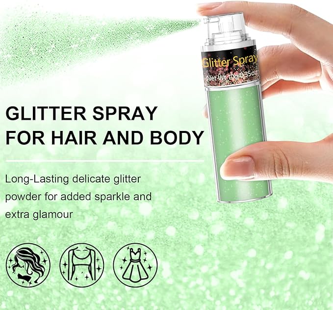 Emerald Green Hair and Body Glitter Spray 10g, Holographic Shimmer Powder Mist for Halloween, Carnival, Festival Makeup, Fantasy Fairy Looks, DIY Face Paint Costume Glitter