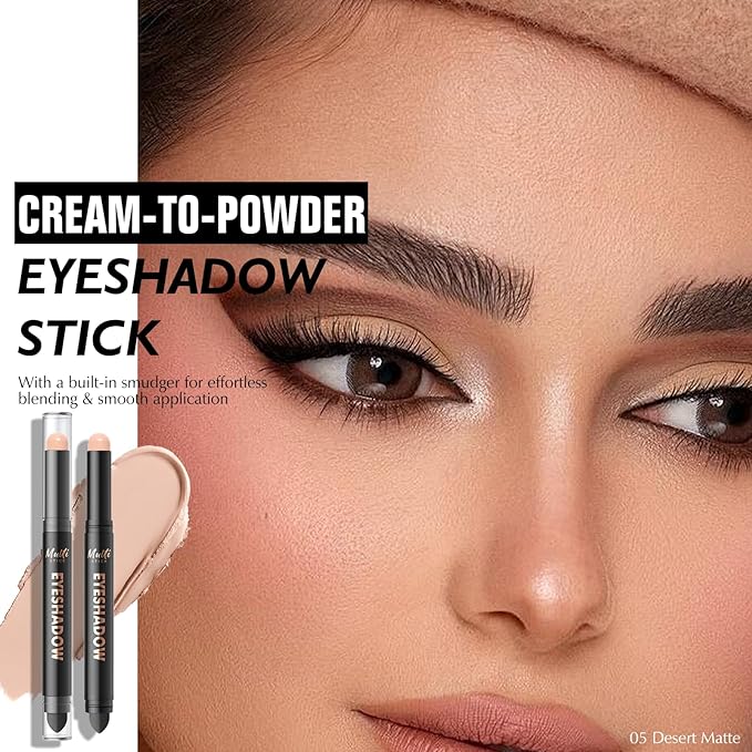 Dual-Ended Desert Matte Eyeshadow Stick - Long-Lasting Cream Eye Shadow Stick Crease-Proof Eyeshadow Pencil, Easily Blendable Nude Eyeliner Eye Brightener Makeup with Built-in Smudger, 05