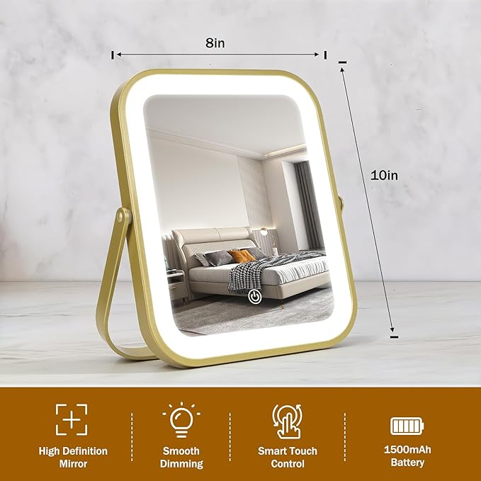 Vanity Mirror with Lights, 10"×8" Makeup Mirror with lights Built-in 1500mAH Battery, HD Mirror, Smart Touch with 3-Color Lighting, Dimmable, Desk Mirror, Women Gift, Travel Essentials (Gold)