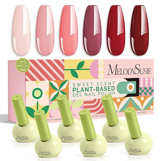 MelodySusie Highly Pigmented Valentine Gel Nail Polish Set, 0.56 fl.oz Tilt-and-Stand Bottle,HEMA Free Plant-Based,6 Colors Crimberry Spark,Soak Off Manicure Gift Box,Cherry Burgundy Red