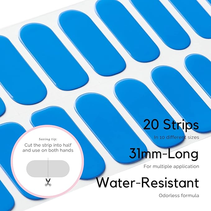 NAILOG Semi Cured Gel Nail Strips (20 Extra Long Stickers/Wraps) | Glossy & Long Lasting Soft Gel Finishing | Butterfly Blue