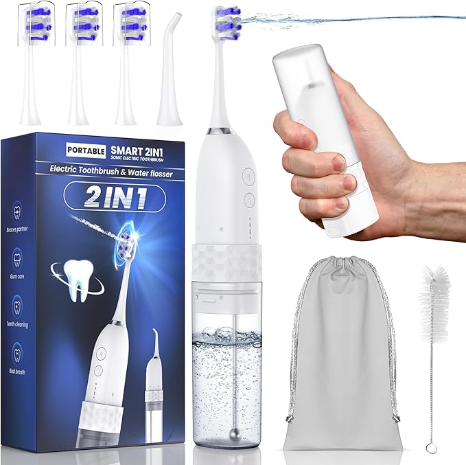 UNINGOPI Portable Electric Toothbrush with Water flosser, 2 in 1 Teeth Cleaning Kit, Electricc, Toothbrush and Water flosser Combo, Travel Toothbrush with Water Bottle(White)