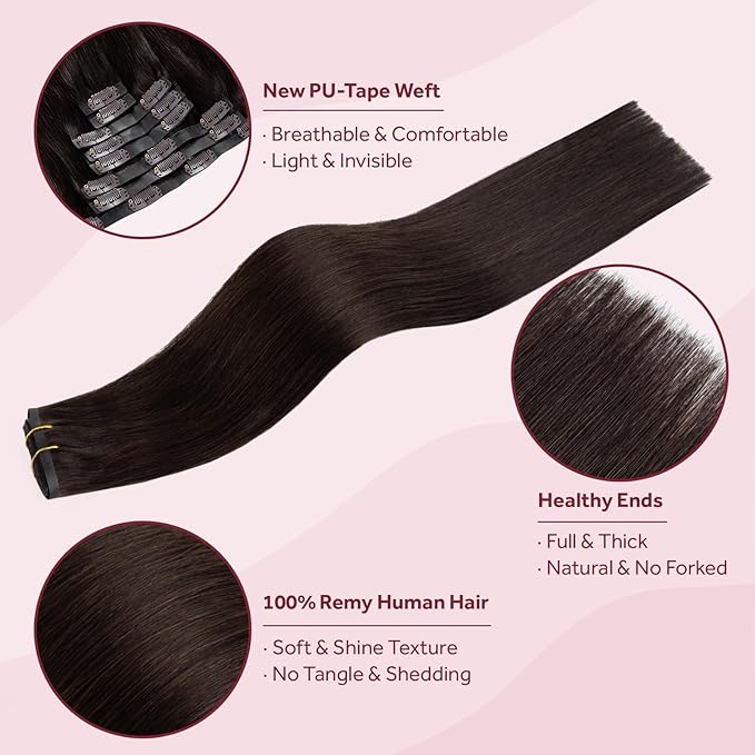 Clip in Hair Extensions Real Human Hair Dark Brown Seamless Clip In 100% Remy Hair Extensions PU Skin Weft Add Volume Thick&Invisible #2 16Inch 120G 8PCS