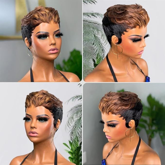 Pixie Cut Wigs for Black Women Short Layered Haircut Pixie Cut Wig Human Hair Natural Black and 4/30 colored Full Machine Made Glueless Wig with Bangs for daily use