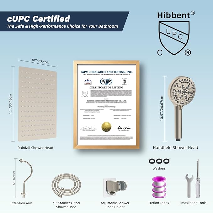 Hibbent 12'' All Metal CUPC Certified Shower Head, High Pressure Rainfall Shower Head, Handheld Showerhead Combo, 12'' Adjustable Extension Arm, 10-Spray, 71'' Hose, Showerhead Holder, Brushed Nickel