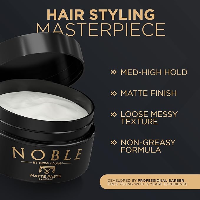 Noble By Greg Young - Strong Hold Matte Hair Paste | Flexible & Long-Lasting Sculpting Paste for All Hair Types and Styles | No Flakes | 3 oz