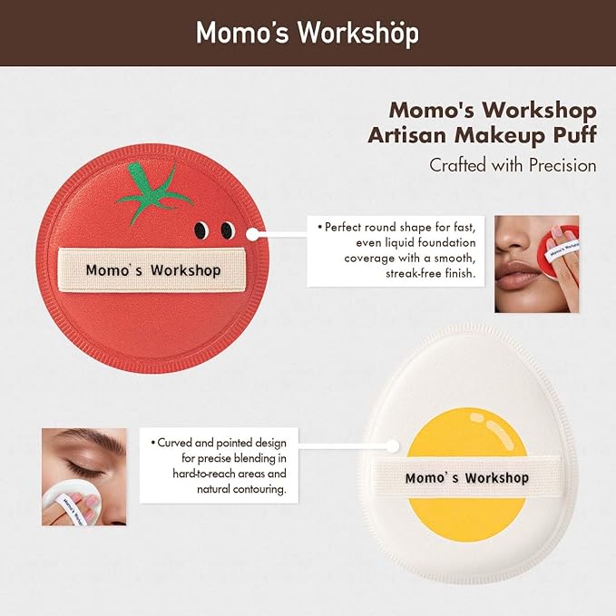 Momo's Workshop Sun Egg Makeup Sponge Puff & Tomato Makeup Sponge Set - 2PC Medium Bounce Rubycell Foundation Puffs for Creamy Finish, Quick Blending, Comfortable for All Skin Types & Storage Case