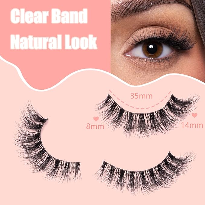Short Wispy False Eyelashes 14 Pairs, Clear Band Natural Look Fluffy Cat Eye Lashes, Faux Mink & Easy to Apply for Beginners, Daily Makeup & Professional MUA