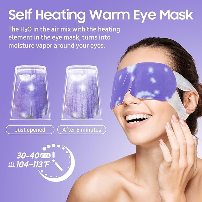 BeHoomi 20 Packs Steam Eye Mask, Heated Eye Mask Warm Compress for Eyes, Disposable Self Heating Steam Mask Sleep, Spa, Travel Essentials & Relaxation Gifts for Women, Stocking Stuffers (Lavender)
