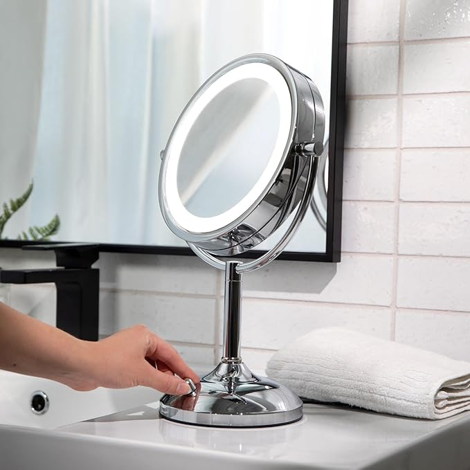 JERDON Lighted Tabletop Mirror with 10X/1X Magnification - LED Lighted Makeup Mirror with Multiple Light Settings in Chrome Finish - 8.5-Inch Diameter Vanity Mirror - Model JS8510BC