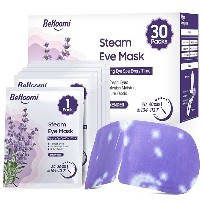 BeHoomi 30Packs Steam Eye Mask, Heated Eye Mask Warm Compress for Eyes, Self Heating Disposable Steam Mask for Home Sleep, Spa, Travel Essentials & Relaxation Gifts, Stocking Stuffers (Lavender)