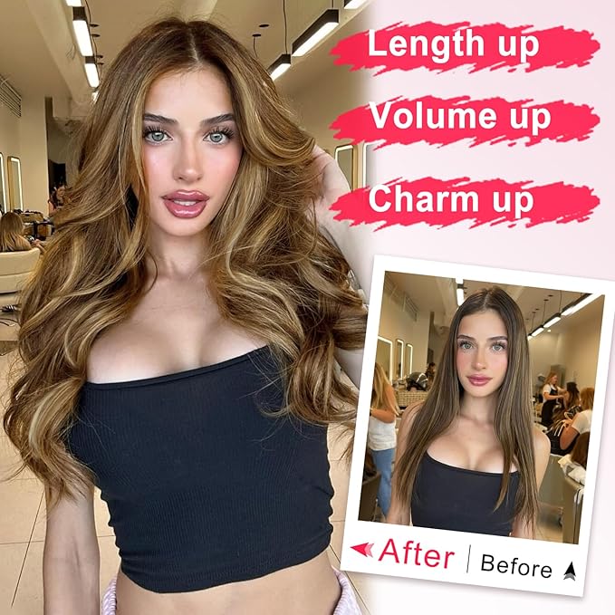 ALXNAN Long Wavy Layered Hair Extensions for Women, Clip in Hair Extensions Clip Ins Soft Full Head Synthetic Hairpieces 20 Inch Medium Brown mix Ash Blonde