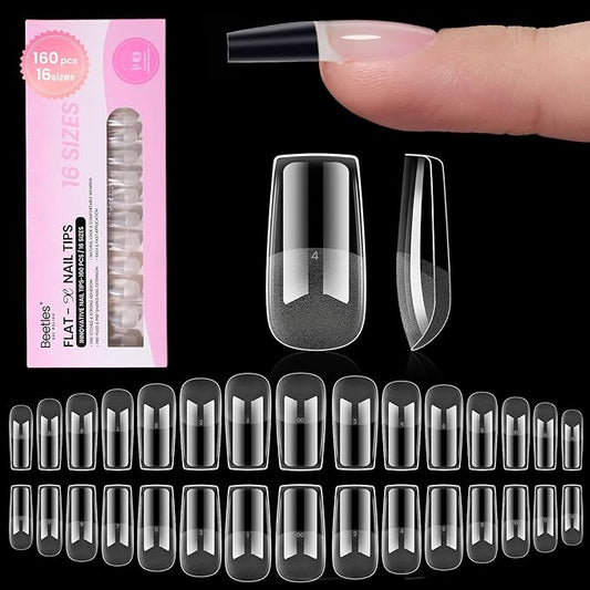 Beetles Gel Nail Tips Flat-X - Square Medium, 160pcs 16 Sizes, Pre-Etched Half Matte Full Cover Soft Acrylic False Nail Tips Clear Press on Easy DIY Extension Salon for Flat & Natural Nail Beds
