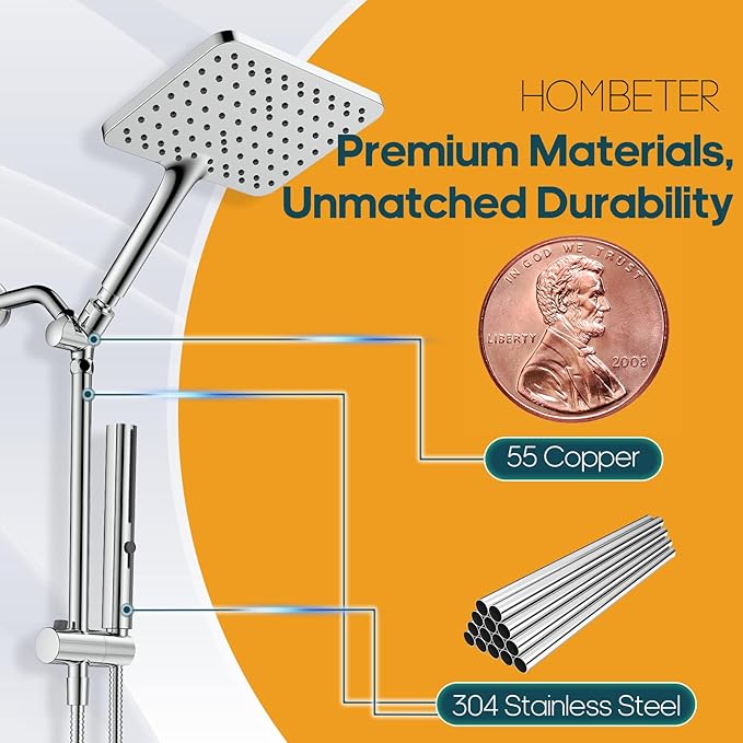 Hombeter Shower Heads with Handheld Combo, 10 Inch High Pressure Rain Shower Head, Height Adjustable Dual 2 in 1 Shower Head System with Stainless Steel Hose