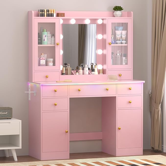 Vanity Desk with Mirror and Lights, 43" Pink Makeup Vanity Set with 5 Drawers & Glass Cabinets, Makeup Tray, Power Outlet & Adjustable LED Lights, Dressing Table for Women & Girls Bedroom