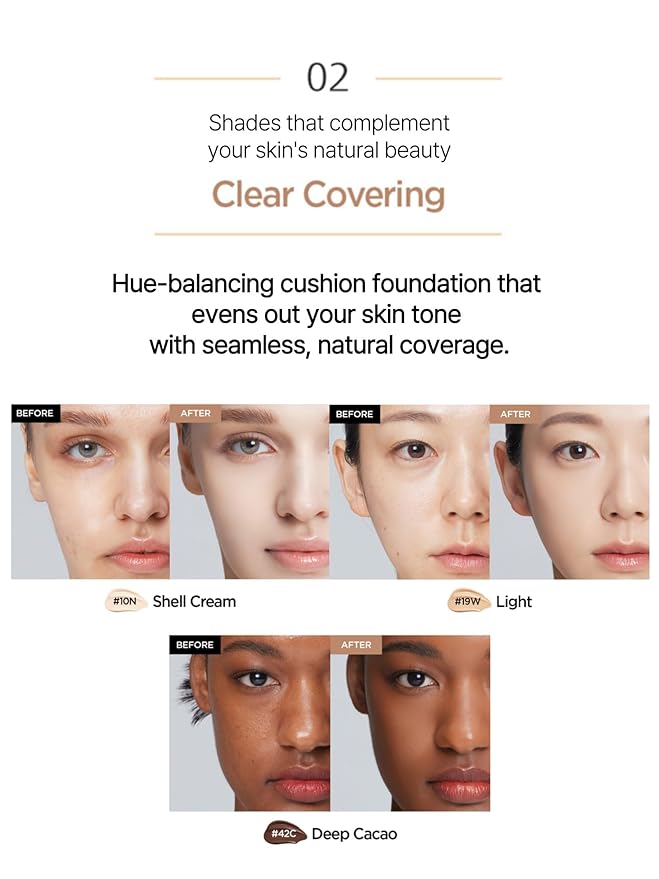 JUNG SAEM MOOL Essential Skin Nuder Cushion | Natural Finish, Buildable Coverage Cushion Foundation by Korean Makeup Artist (Refill Not Included, 0.49 Fl Oz), 10W Shell