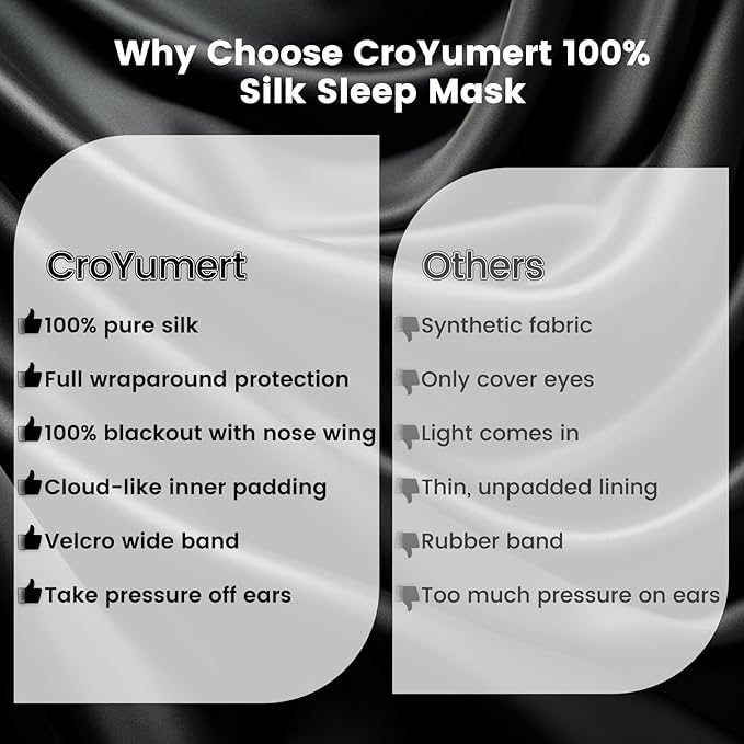 CroYumert 100% Pure Mulberry Silk Eye Mask - 22 Momme Adjustable Strap, Light Blocking, Silk Storage Bag & Gift Box - for Sleep/Travel/Gift, Sensitive Skin Friendly (Black)