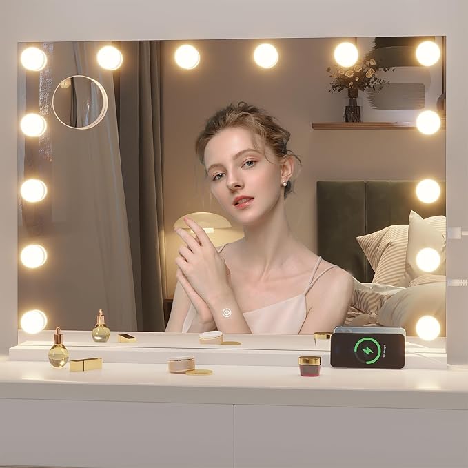 Hasipu Hollywood Vanity Mirror with Lights, 47" x 35" Makeup Mirror with 24 Dimmable LED Bulbs 3 Color Modes & Detachable, 5X Magnifying Glass, Touch Control, USB and Type-C, Tempered Glass